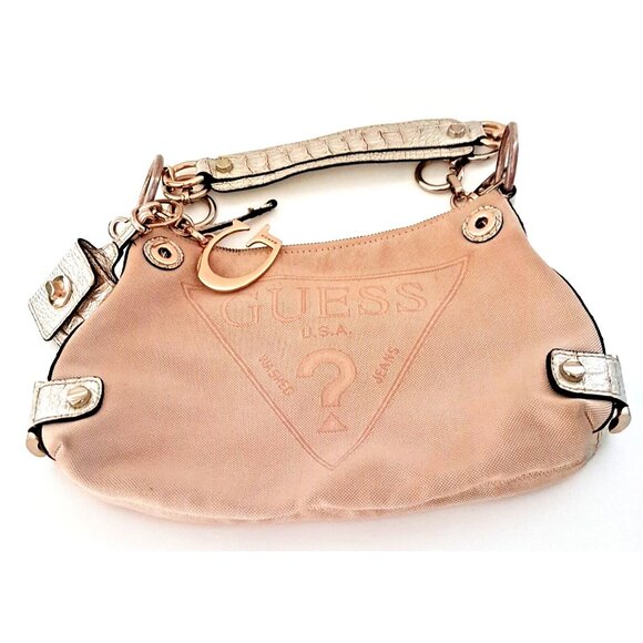Y2K Vintage GUESS USA Purse Bag Washed Jeans Canvas Faux Leather Strap Logo RARE - Picture 1 of 16